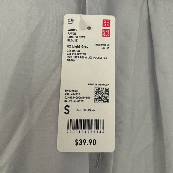 Uniqlo Rayon Long Sleeve Blouse Light Gray Sz S NWT - Picture 5 of 6